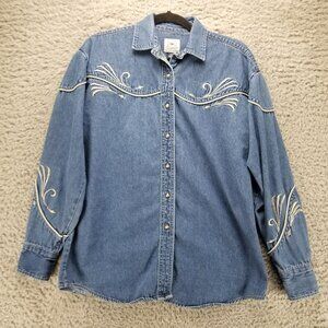 Mid West Garment Co Shirt Womens Medium Blue Embroidered Denim Snap *Read*
